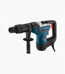 This image shows a Bosch rotary hammer drill The drill has a blue and black color scheme and appears to be a powerful tool designed for heavy-duty masonry work It has a large drill bit attached and a handle for the user to grip and operate the tool The drill is likely used for tasks like drilling holes in concrete brick or other hard materials commonly encountered in masonry projects