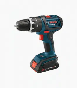This image shows a Bosch cordless drill driver It has a blue and black color scheme with a large battery pack attached to the handle The drill features a keyless chuck allowing for easy bit changes The Bosch logo is prominently displayed on the body of the tool This power tool appears to be designed for professional or heavy-duty use in construction home improvement or other masonry-related applications