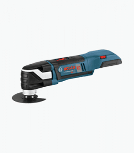 This image shows a Bosch multi-tool oscillating tool The tool has a blue and black color scheme with a red power switch It appears to be a cordless model with a battery pack attached to the rear of the tool The tool has a rectangular shape with a flat base likely designed for stability during use This type of oscillating multi-tool is commonly used for a variety of home improvement and DIY tasks such as cutting sanding and scraping