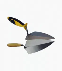 This image shows a trowel which is a masonry tool used for spreading and smoothing mortar or plaster The trowel has a metal blade with a pointed tip and a sturdy ergonomic yellow and black handle This tool is an essential item for masonry work such as laying bricks stones or tiles