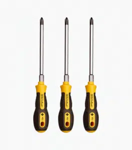 This image shows three screwdrivers with black and yellow handles The screwdrivers have silver metal shafts and tips and the handles have a textured grip pattern The screwdrivers appear to be a set of tools commonly used for various home improvement or repair tasks