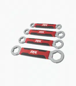 This image shows a set of four adjustable wrenches or spanners in a red and silver color scheme The wrenches have the SKIL brand name prominently displayed on the red handles The wrenches appear to be made of metal and are of various sizes likely intended for different tasks or applications related to masonry or construction work