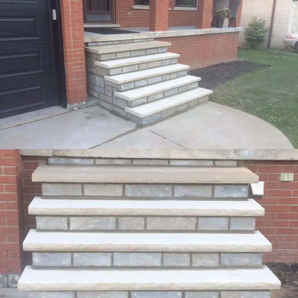 This image shows a set of concrete steps leading up to the entrance of a brick building The steps are made of a combination of concrete and brick with a mix of light and dark tones The steps have a clean modern design with a simple functional appearance The brick walls of the building provide a contrasting backdrop adding texture and visual interest to the overall scene