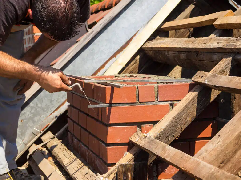 The image shows a close-up view of a masonry workers hands working on a brick structure The worker is holding a tool likely a trowel and is in the process of laying or repairing bricks The image features a stack of red bricks and wooden beams indicating an ongoing construction or repair project The overall scene depicts the hands-on work involved in masonry and brick laying