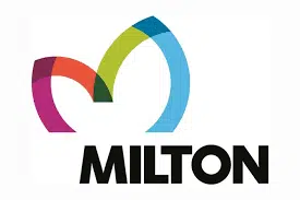 This image shows the logo for Milton a company or brand The logo consists of three overlapping shapes in different colors - red green and blue The shapes form a stylized M or abstract geometric design The word MILTON is displayed prominently in black text below the graphic element