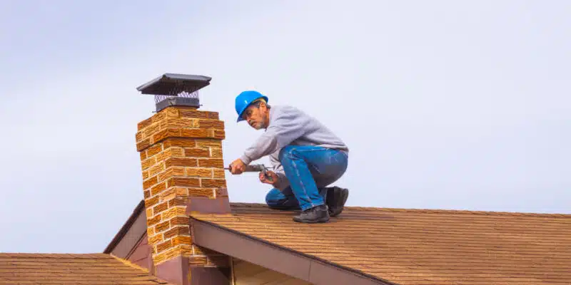 This image shows a construction worker wearing a blue hard hat and working on repairing or maintaining a brick chimney on a roof. The worker is crouched down and appears to be inspecting or making adjustments to the chimney. The roof is made of wooden shingles, and there is a clear sky in the background.