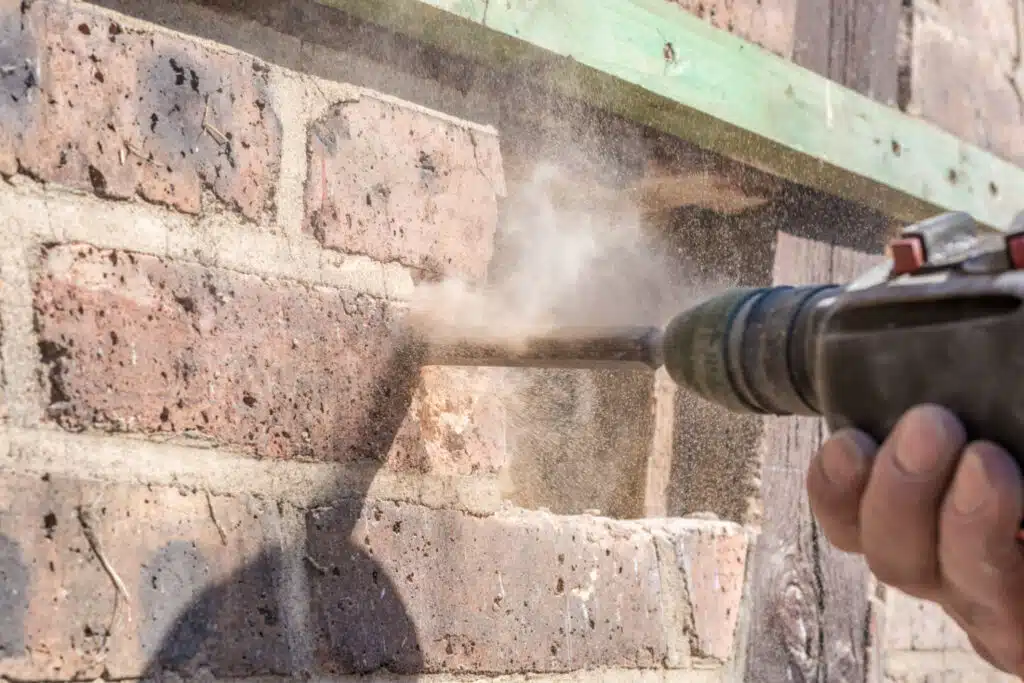This image shows a close-up view of a person using a power tool likely a grinder or sander to work on a brick wall The tool is creating dust and debris as it grinds against the rough textured surface of the bricks The bricks appear to be an older weathered style with a reddish-brown color and uneven surfaces The image captures the process of repairing or restoring a masonry structure which is the focus of the Fix My Brick company