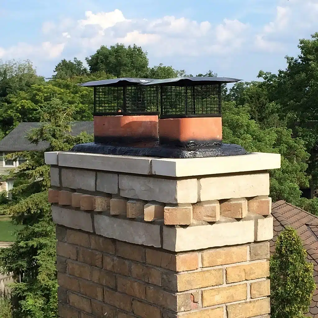 This image shows a masonry chimney or outdoor fireplace structure The structure is built with a combination of gray stone and tan bricks creating an attractive and textured exterior The top of the structure features a black metal grate or cage likely for ventilation or to contain any embers The structure is situated in a lush green outdoor setting with trees and foliage surrounding it giving it a natural and integrated appearance in the landscape