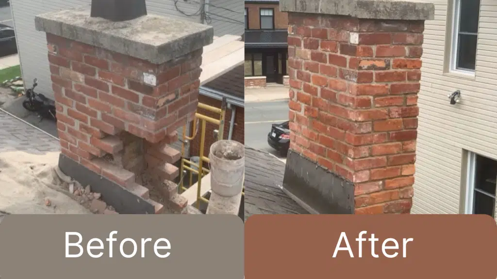 The image shows a brick masonry project before and after restoration The Before image shows a brick chimney or structure with a concrete cap surrounded by construction materials and tools The After image shows the same structure after restoration with the brickwork repaired and the surface cleaned up presenting a neat and well-maintained appearance