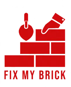 The image shows the logo for Fix My Brick a masonry company The logo features red brick-shaped elements arranged in a stacked pattern along with a red trowel icon and the text FIX MY BRICK displayed prominently The background is a solid green color creating a simple and bold visual design