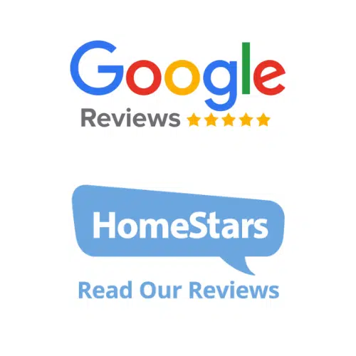 This image shows two logos related to online reviews The top logo is the Google Reviews logo which features the Google logo and five stars representing the review rating system The bottom logo is the Homestars logo which includes the text Read Our Reviews in a speech bubble The image is promoting the availability of reviews for a business or service on both Google and Homestars platforms encouraging users to read the reviews to help inform their decision-making