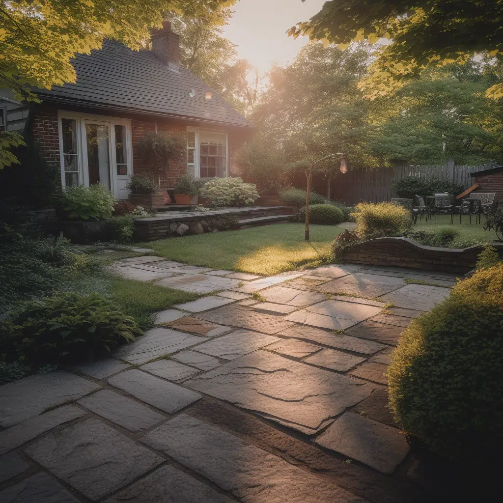 This image depicts a cozy and well-designed backyard landscape The focal point is a brick house with a slanted roof surrounded by lush greenery and a beautifully landscaped garden A stone pathway leads through the yard past a small tree and various plants and shrubs The lighting is warm and golden creating a serene and inviting atmosphere Overall the image conveys a sense of tranquility and attention to detail in the outdoor space