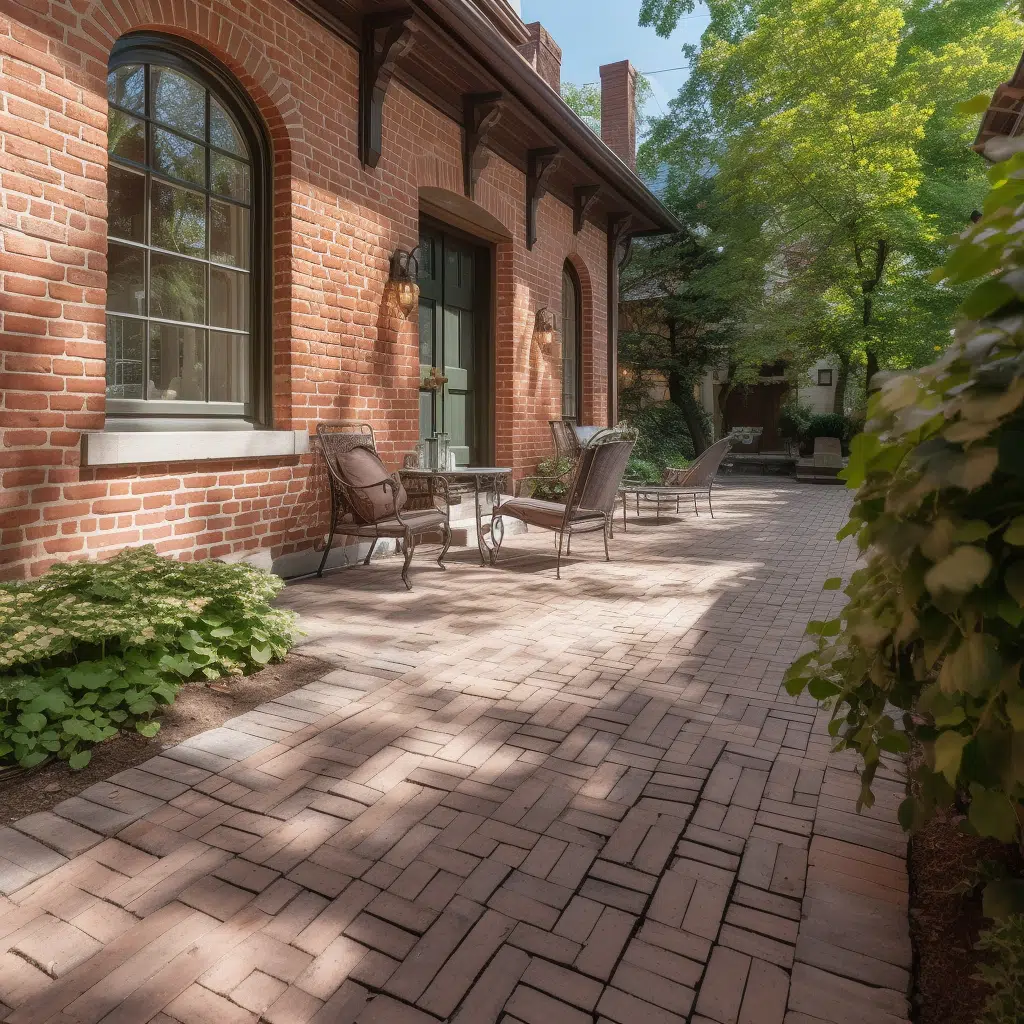 This image shows the exterior of a brick building with arched windows and a covered patio area The building has a traditional historic architectural style with decorative brick details In the foreground there is a paved brick walkway leading to the patio which has several wicker patio chairs arranged around a small table The patio is surrounded by lush green foliage and trees creating a pleasant natural setting The overall scene conveys a cozy inviting atmosphere for an outdoor gathering or relaxation