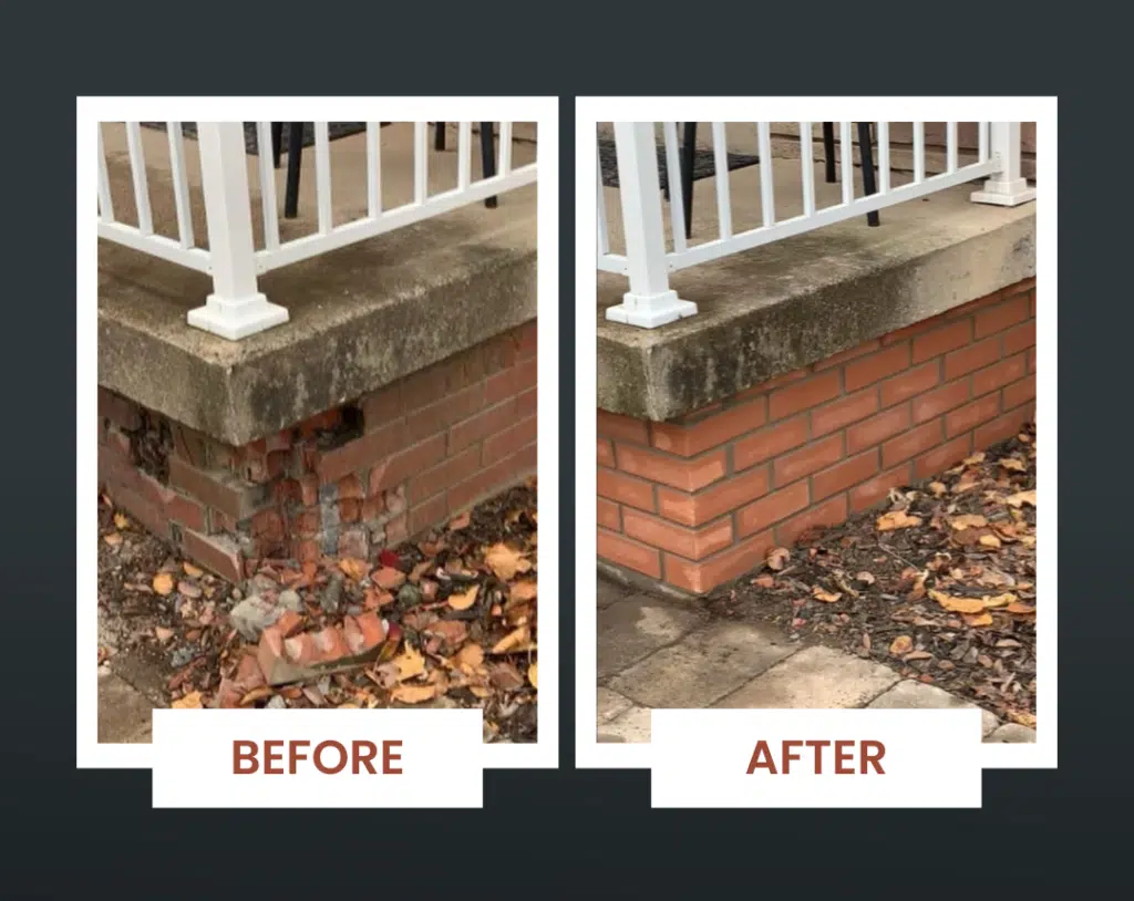 The image shows the before and after of a masonry repair project The before image shows a deteriorated brick and concrete foundation with visible cracks and damage The after image shows the repaired foundation with new brickwork and a clean restored appearance The white railings on the porch remain consistent in both images
