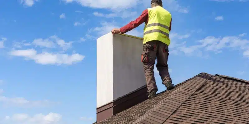This image shows a construction worker in a yellow safety vest standing on the roof of a building, working on a chimney or vent structure. The worker is wearing a red jacket, dark pants, and boots, and is using tools to install or repair the structure. The sky in the background is blue with some clouds, indicating a sunny day.
