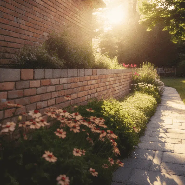 This image depicts a well-maintained garden path leading along a brick wall The path is lined with lush green foliage and colorful flowers creating a serene and inviting atmosphere The brick wall partially obscured by the plants adds a rustic and natural element to the scene Sunlight filters through the trees casting a warm golden glow over the entire landscape and highlighting the vibrant colors of the flowers and greenery