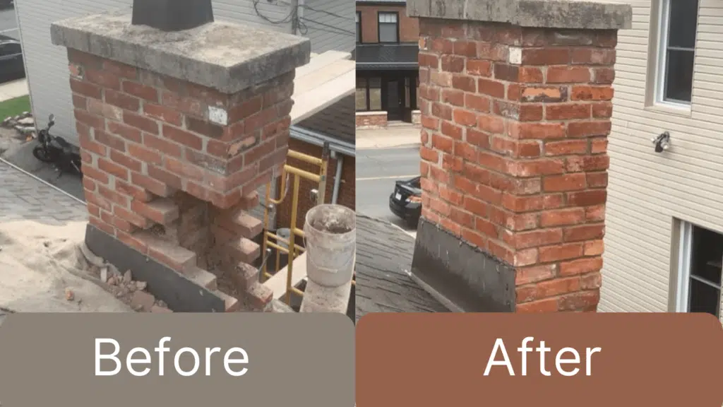 This image shows the before and after of a masonry repair project The Before image shows a brick chimney or structure that appears to be in disrepair with loose bricks and mortar The After image shows the same structure after it has been repaired with the brickwork looking clean and well-maintained The images demonstrate the kind of masonry work that Fix My Brick the masonry company can perform to restore and improve the appearance of brick structures