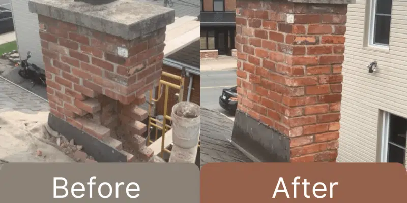 This image shows the before and after of a masonry repair project. The "Before" image shows a brick chimney or structure that appears to be in disrepair, with loose bricks and mortar. The "After" image shows the same structure after it has been repaired, with the brickwork looking clean and well-maintained. The images demonstrate the kind of masonry work that Fix My Brick, the masonry company, can perform to restore and improve the appearance of brick structures.