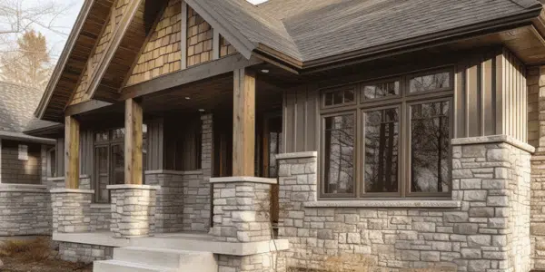 This image shows the exterior of a large two-story residential home The home has a rustic craftsman-style design with a prominent gable roof and a covered porch supported by thick wooden columns The exterior is primarily composed of stone masonry with a combination of gray and beige stone used to create an attractive textured facade Large windows with wooden frames provide ample natural light to the interior The home is surrounded by a well-maintained lawn and some trees creating a pleasant natural setting