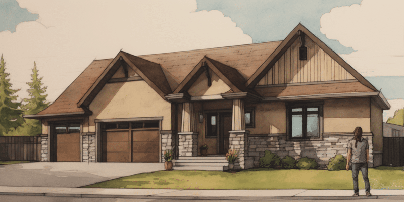 An illustration featuring a delighted homeowner standing proudly in front of their house The house is adorned with recently installed stone skirting adding a touch of elegance The exterior of the house is painted in warm and soothing earth tones creating a cozy and inviting atmosphere