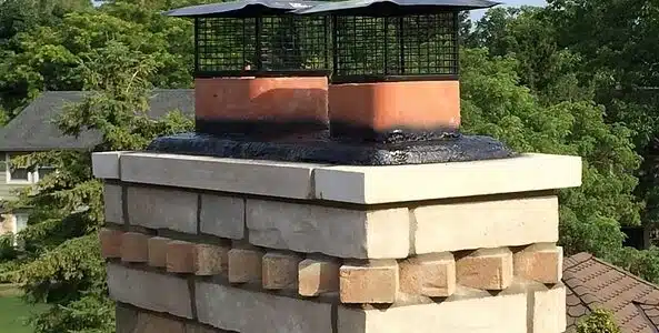This image shows a well-constructed brick and stone chimney structure on top of a residential roof The chimney has two metal grates or vents on the top likely for ventilation purposes The chimney is surrounded by lush green trees and foliage creating a picturesque outdoor setting The overall design and craftsmanship of the chimney suggest it is a functional and aesthetically pleasing architectural feature of the home