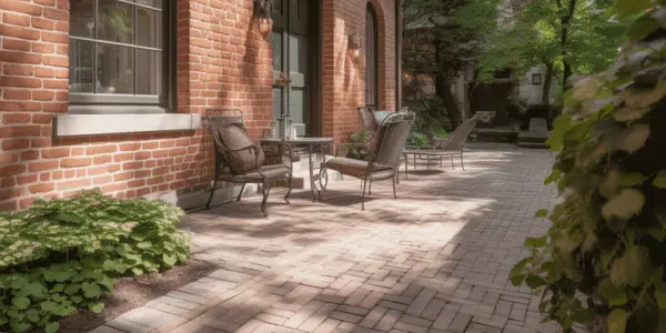 This image shows the exterior of a brick building with arched windows and a covered patio area The patio features brick pavers arranged in a herringbone pattern and there are several wicker chairs and a small table set up on the patio The building is surrounded by lush greenery including trees and other plants creating a peaceful and inviting outdoor space