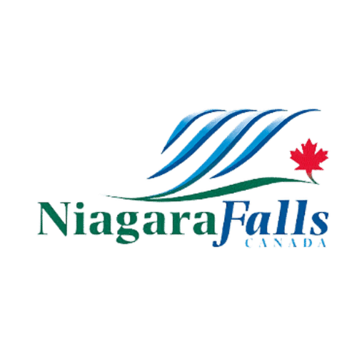 Blue and green wavy lines above a red maple leaf in the Niagara Falls logo