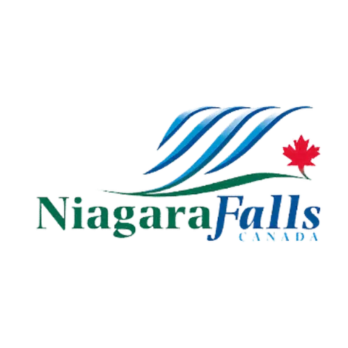 This image is the logo for Niagara Falls Canada The logo features the text Niagara Falls Canada in a stylized font with a maple leaf symbol representing Canada The logo also includes a graphic of flowing water depicting the iconic waterfalls of Niagara Falls The overall design uses a combination of blue green and red colors to create a visually striking and recognizable brand identity for the popular tourist destination
