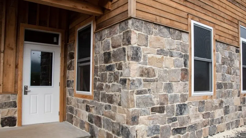 The image shows the exterior of a building with a stone and wood construction The walls are made of large irregular-shaped stones in various shades of gray creating a rustic natural appearance The building has a wooden frame and siding with a white wooden door and windows The entrance is covered by a small overhang and there is a concrete patio or walkway leading up to the door The overall aesthetic suggests a traditional cabin-style architecture