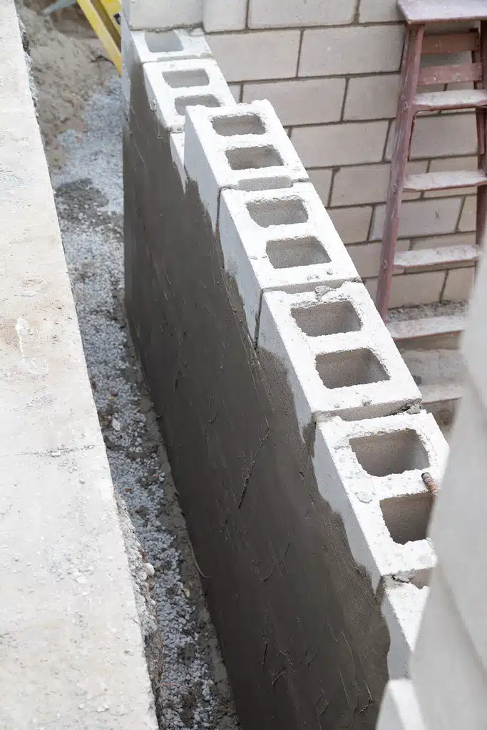 This image shows a stack of concrete masonry units commonly known as cinder blocks or concrete blocks used in construction The blocks are stacked vertically with the textured and patterned surface of the blocks visible The blocks appear to be gray in color and are positioned against a wall or other structure suggesting they are being used for a masonry project